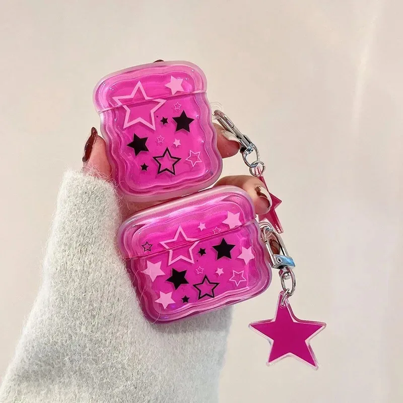 1pc Earphone Case For AirPods Pro 2 Pink Stars Case with Keychain for Apple AirPod 1 2 3 Transparent Decoration Protection Cover