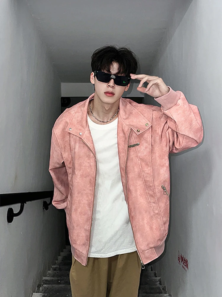 

Pink Motorcycle Jaet Men's Trendy American Retro Flight Jaet ort Haome Korean Sle Couple's Outerwear Spring Autumn