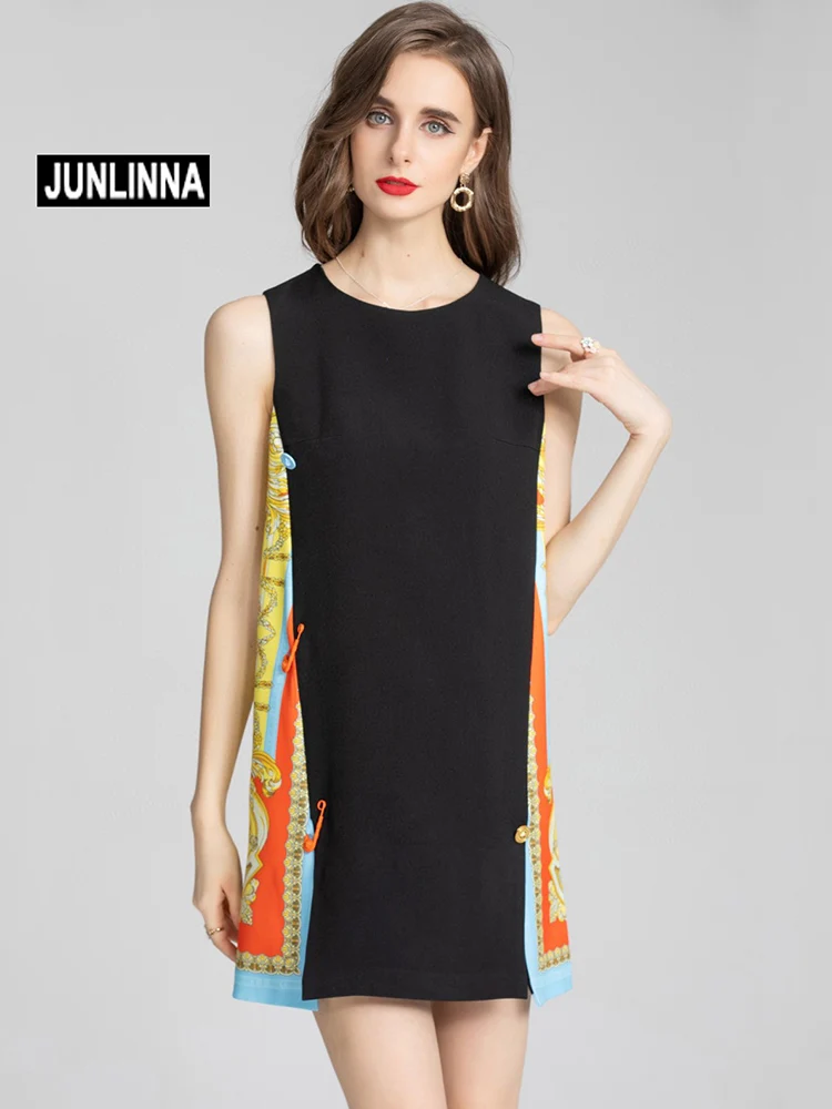 JUNLINNA 2023 Summer Runway Women Dress Crew Neck Sleeveless Fashion Printed Party Street Vestidos A