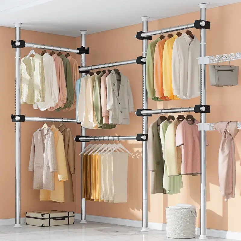 Freestanding Tension Clothing Rack Shelf Stainless Steel Hanging Rails Foldable Wings Multiple Bar Configurations Bedroom
