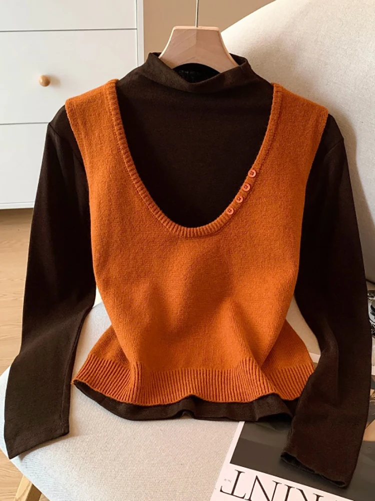 

Simple Half High Collar Knitted Sweaters V-neck Loose Leisure Women's Vests 2025 Early Autumn Pullovers And Vest Two-piece Sets