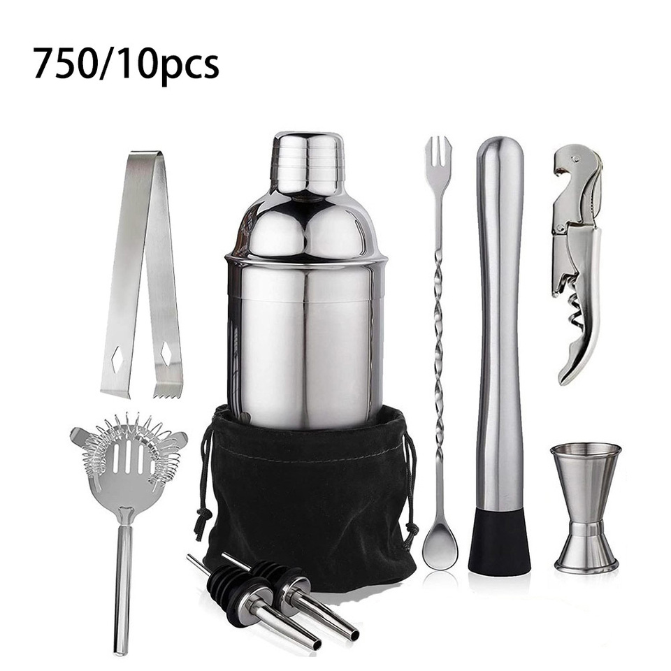  6/7/10pcs Stainless Steel Cocktail Shaker Bartending Tools Bartender Kit Martini Sharker Drink Mixer Set With Storage Bag 