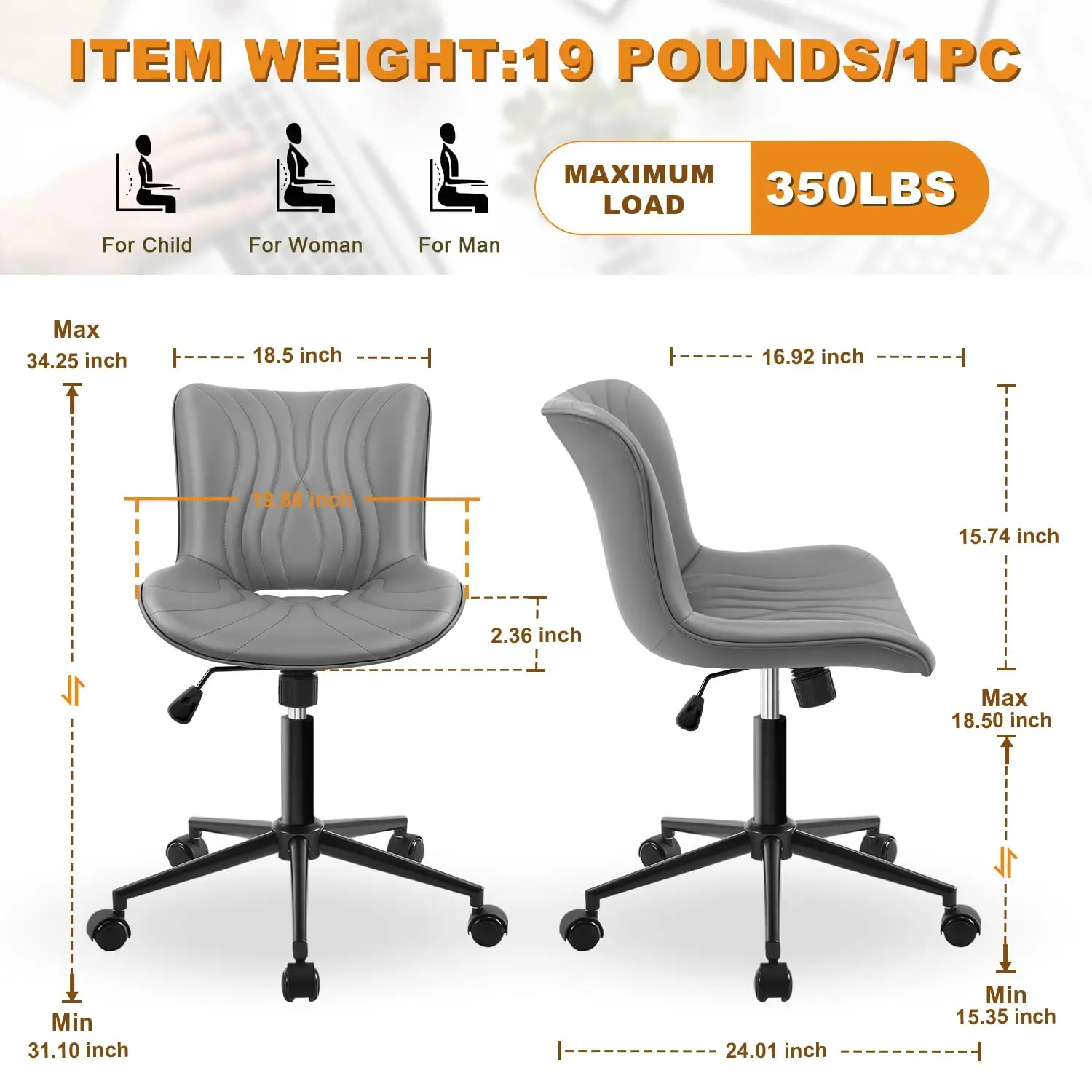 Armless Adjustable Desk Chair With Wheels Ergonomic 360° Swivel Faux Leather Padded Computer Task Vanity Chair, Customized