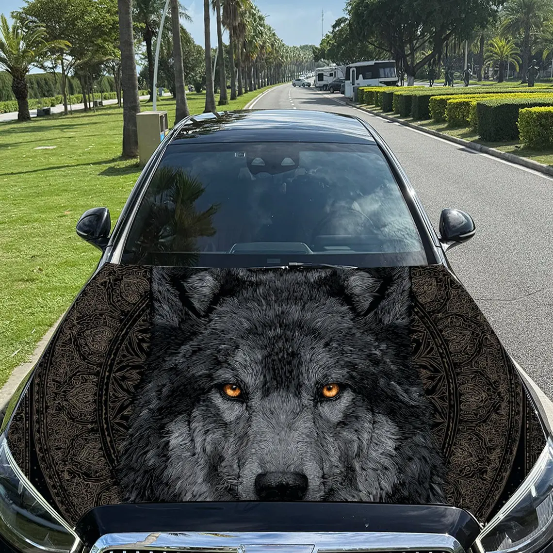 Car Decal Black Wolf in Tribal-Themed Artwork & Artistic, Powerful-Enigmatic Visual Details Car Hood Sticker, Waterproof Self -