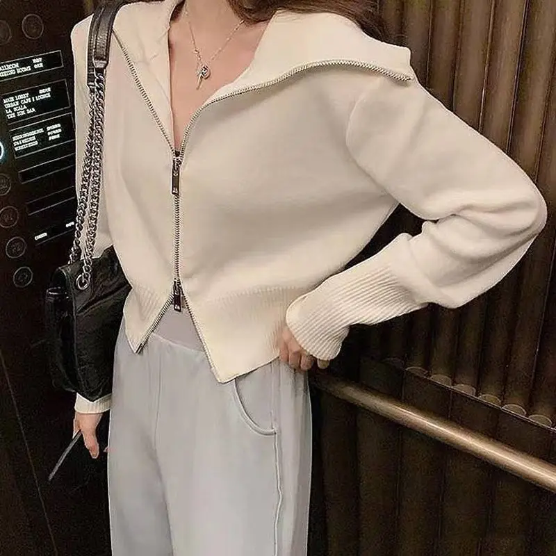 New 2024 Spring Autumn Women's Spliced Sailor Collar Zipper Fashion Solid Color Loose Comfortable Long Sleeve Knitted Sweater
