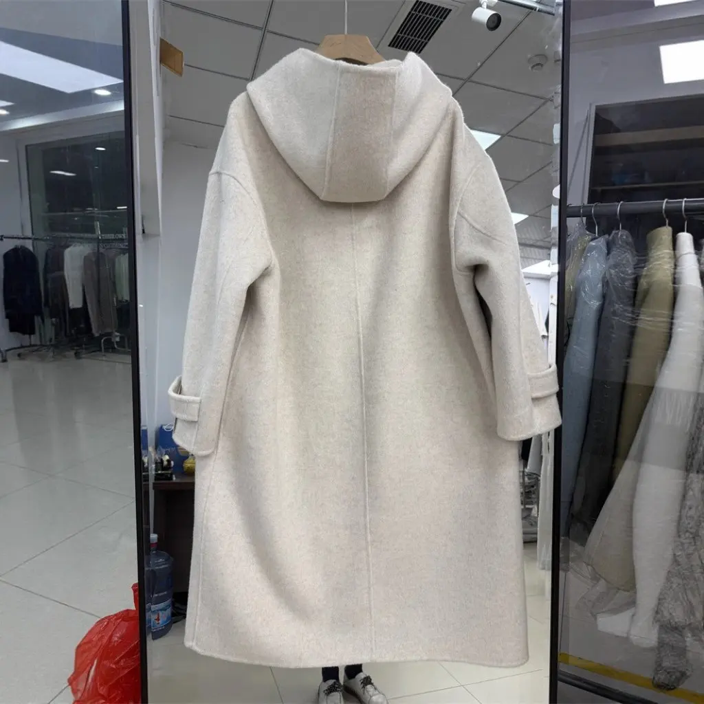 

Women's Long Woolen Coat With Hood Double-sided Ticking Fabric Autumn Winter New Style Korean Style Buttoned Plush Jacket