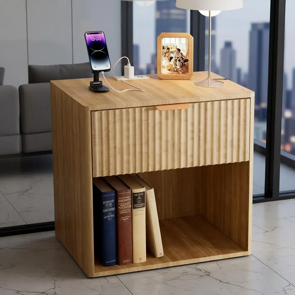 

Mid Century Modern Nightstand with Charging Station - Bedside Table with Drawer and Opening Storage, Fluted Night Stand for Bedr