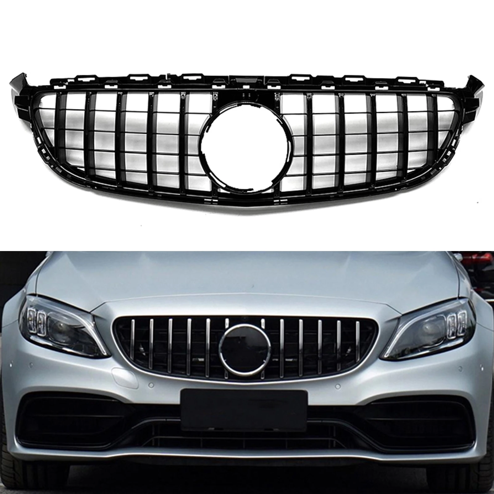 

Front Grille For Mercedes Benz W205 C63 C63S AMG 2015 2016 2017 2018 GT R Style Black/Silver Upper Bumper Hood Mesh Grill Grid