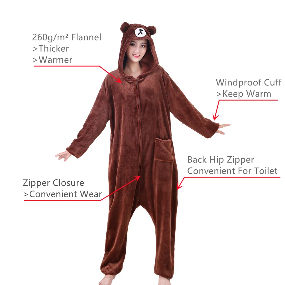 XXL Size Coffee Bear Onesie For Adults Animal Kigurumi Cosplay Costumes Flannel One piece Pyjamas Halloween Carnival Party Wear