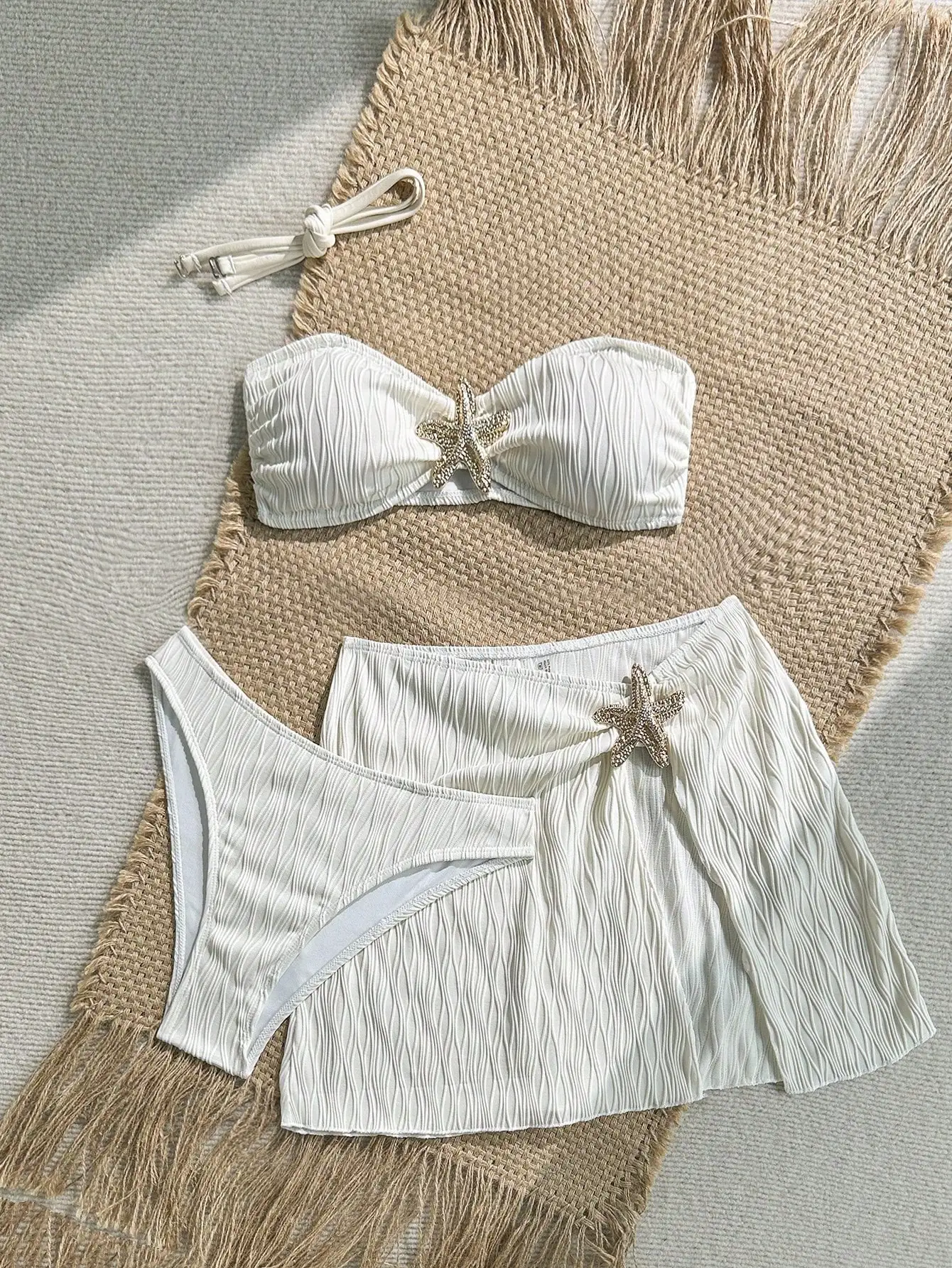 

White Ruched Bandeau Bikini With Embellished Starfish Detail And Matching Cover-Up Skirt For Beach Summer Wear