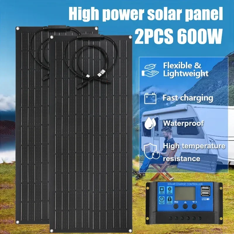 

600W Solar Panel Kit 18V Monocrystalline Flexible Solar Cell Outdoor for Household Camping Motorhome Car RV Boat Battery Charger