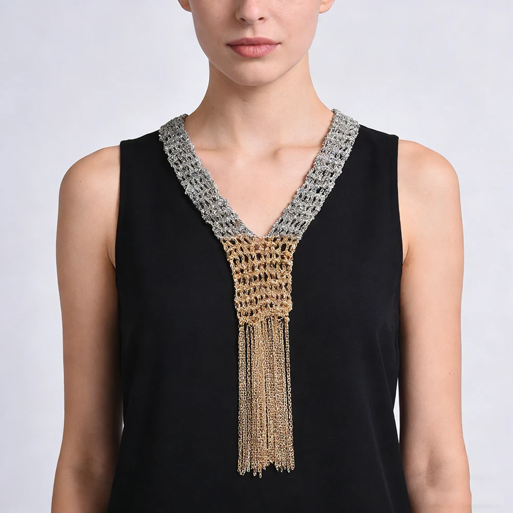 

Trendy Multi-layered Alloy Chains Tassels Necklaces for Women Fashion Sweater Chain Collar Handmade Weave Mesh Jewelry Gifts