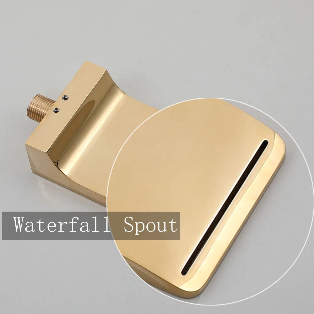 KEMAIDI Brushed Gold Bathroom Bathtub Faucet Wall Mounted Soild Brass Waterfall  Faucets Water Basin Sink Bathtub Mixer TapSet