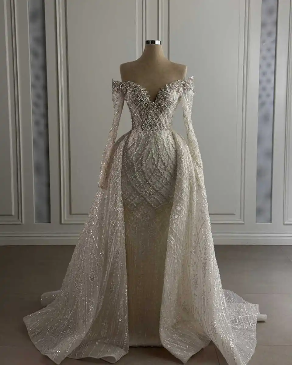 Illusion robes de mariée sirène col en v perles cristaux à manches longues longueur au sol princesse mariée robes de mariée personnalisées