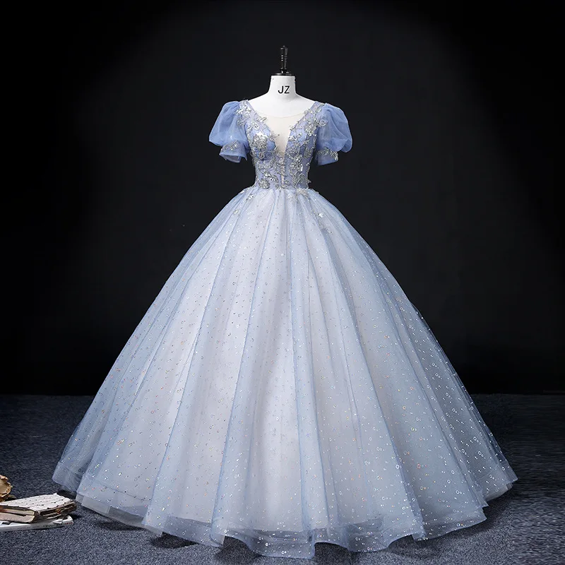 

2026 Summer Women's New Embroidered Round Neck Evening Dress, Fashionable and Slim, Shiny, Long, Large Pendant Puff Skirt