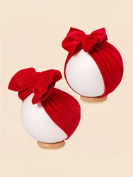 2pcs/set New Hot Selling Corduroy Red Bow Hair With Hat Soft Comfortable Baby Headband Cap Hairband Hat Combination Set