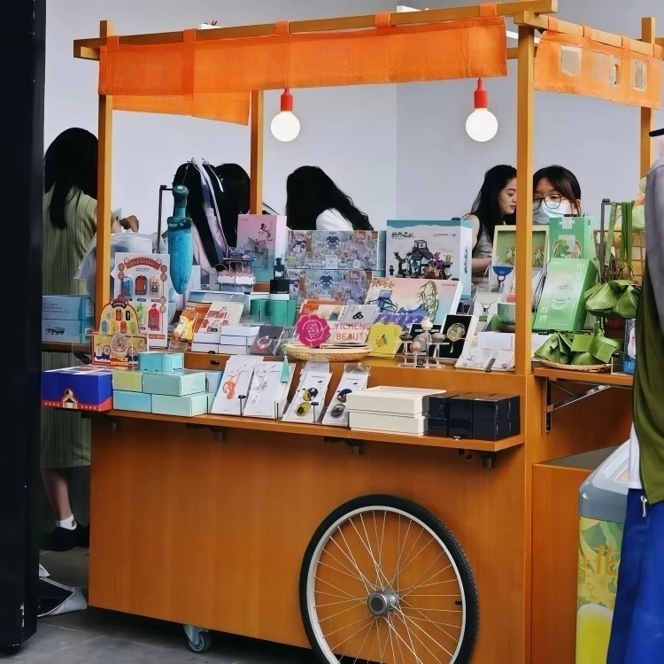 * Outdoor Wood Grain Color Coffee Iron Float Mobile Dining Mall Snack Cosmetics Display Car Market Stall Cart