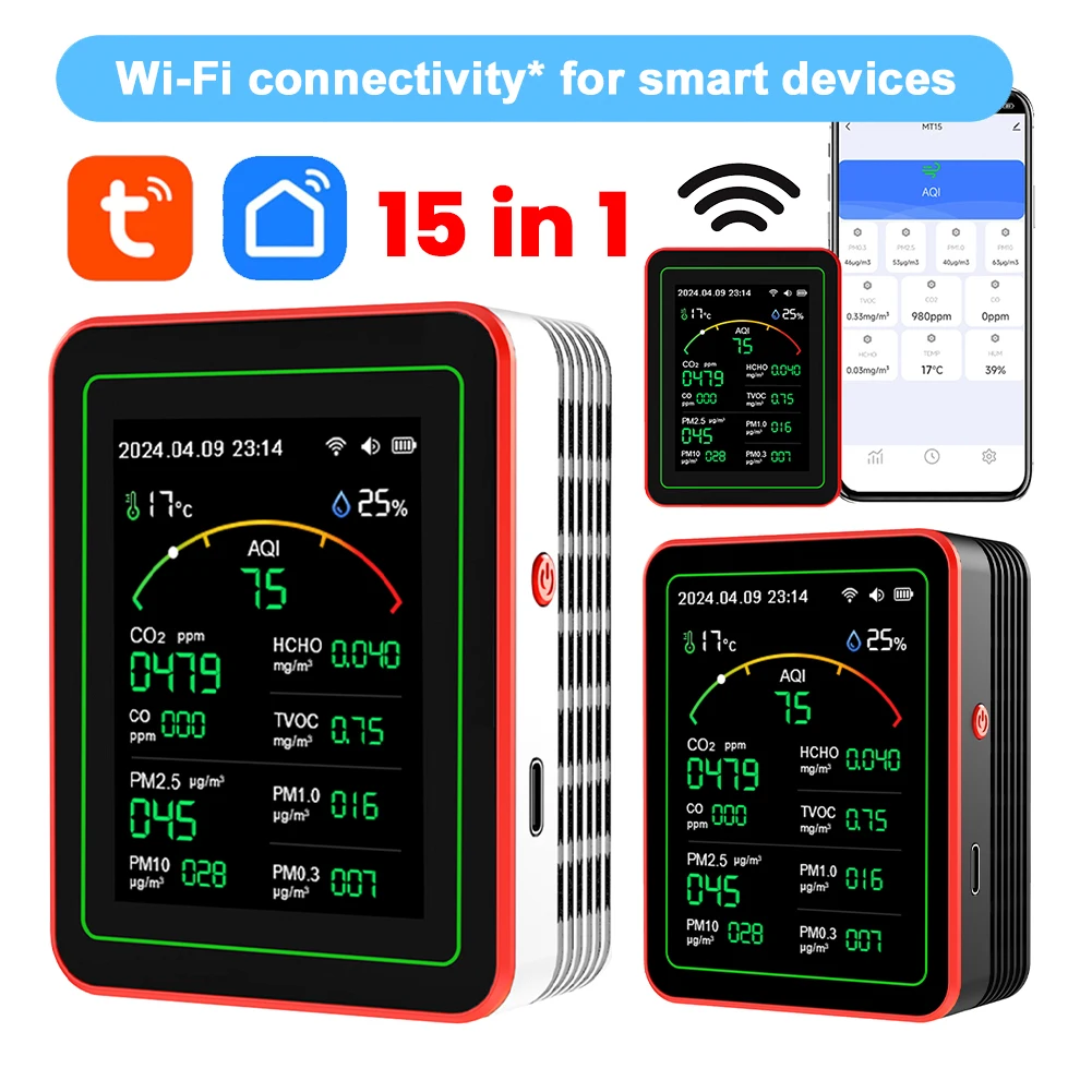 Detector de calidad del aire WiFi 15 en 1, Control por aplicación, portátil, AQI PM0.3 PM1.0 PM2.5 PM10 CO CO2 TVOC HCHO