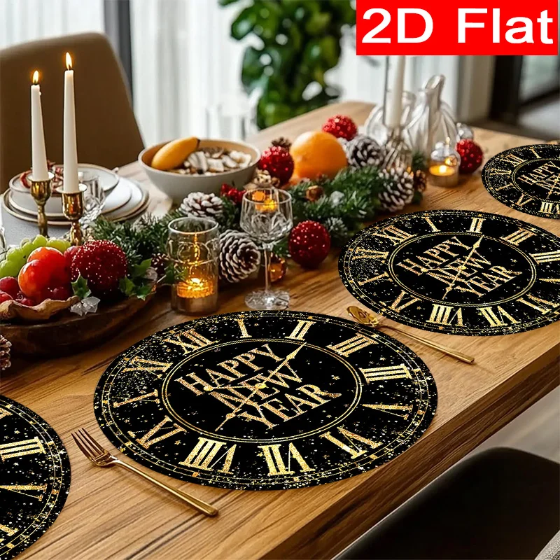 6/8 قطعة مجموعة المفارش السنة الجديدة ساعة العد التنازلي نمط البوليستر الجدول الحصير عطلة الطعام سنة جديدة سعيدة مهرجان الديكور
