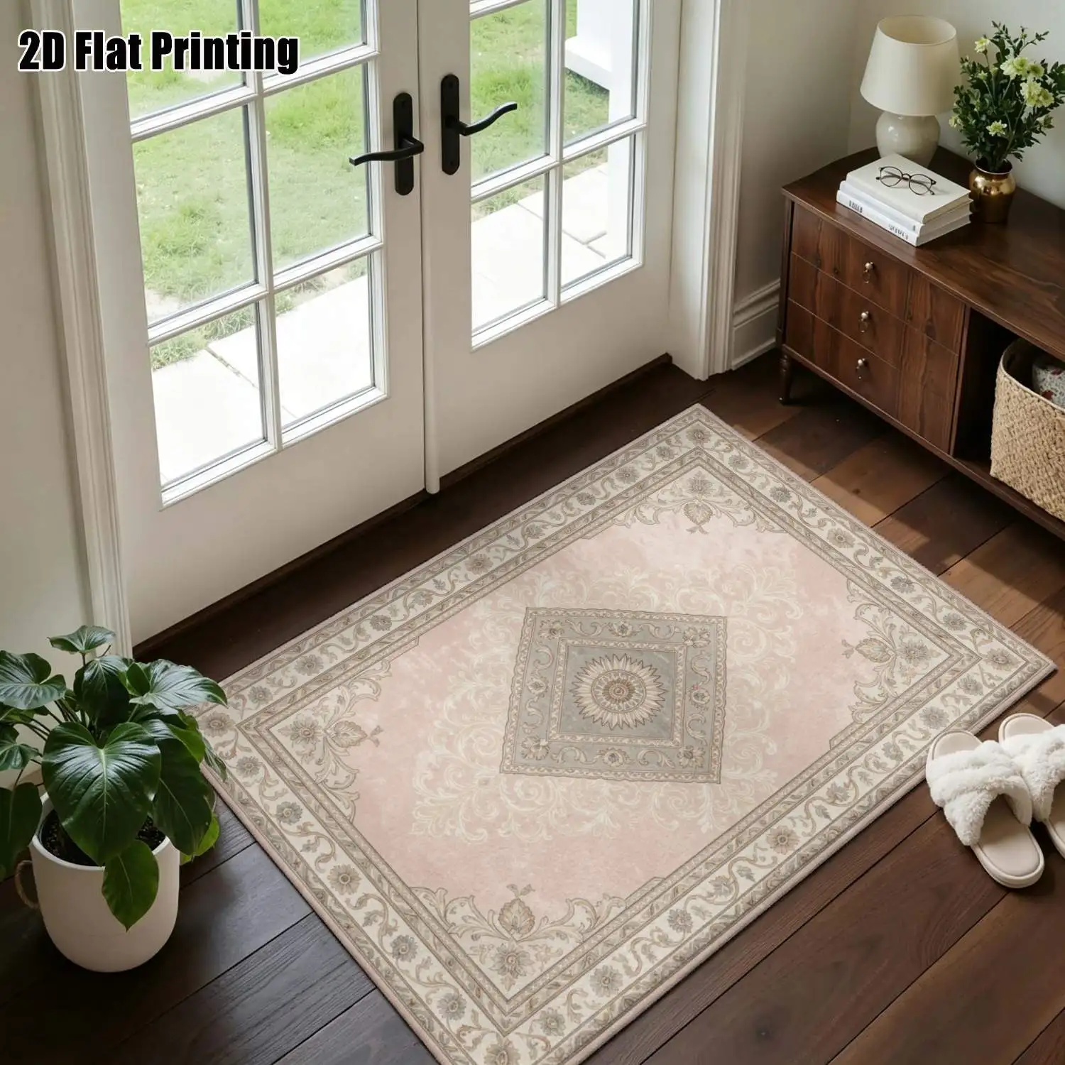 1Pc 2D Printed Pink Floral Geometric Carpet, European/Retro/Bohemian Style, Machine Washable, Multi-Size, Ideal for Home Decor & Multi-Scene Use