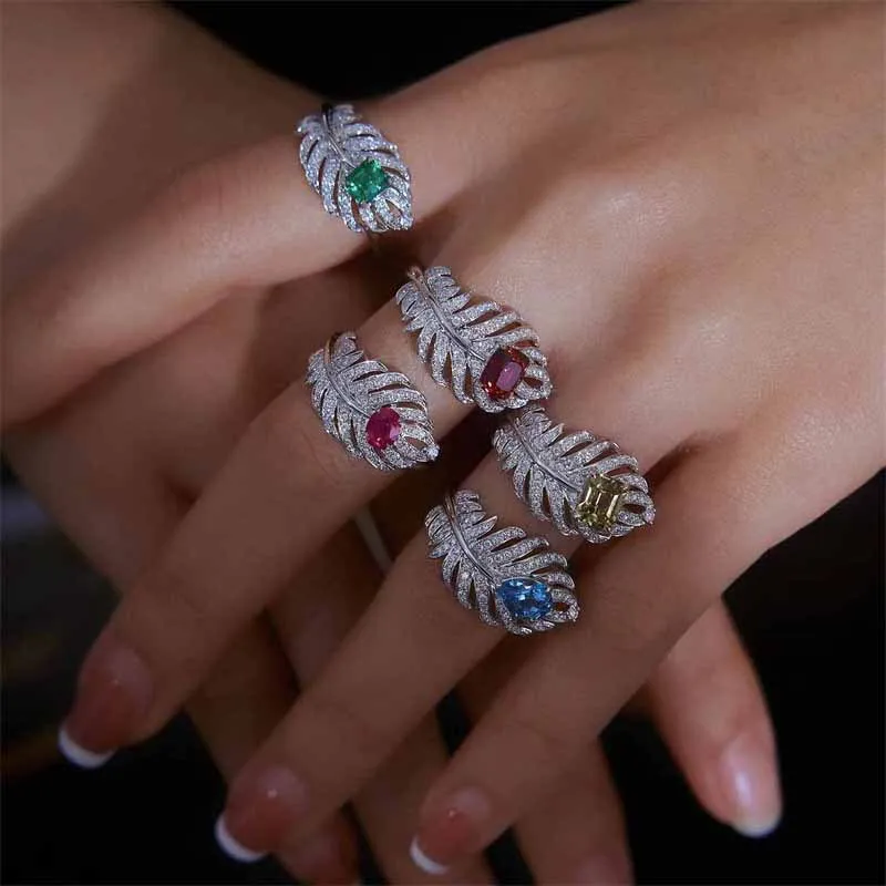 Inspiration inlaid diamonds exquisite sparkling feather  rings for women elegant colorful gem palace style ring silver jewelry