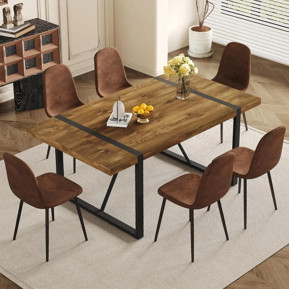 Juego de mesa de comedor de 7 piezas para 6, mesa de comedor rectangular moderna de madera de 71 pulgadas y sillas de comedor de tela 6, mesa de cocina y sillas para 6