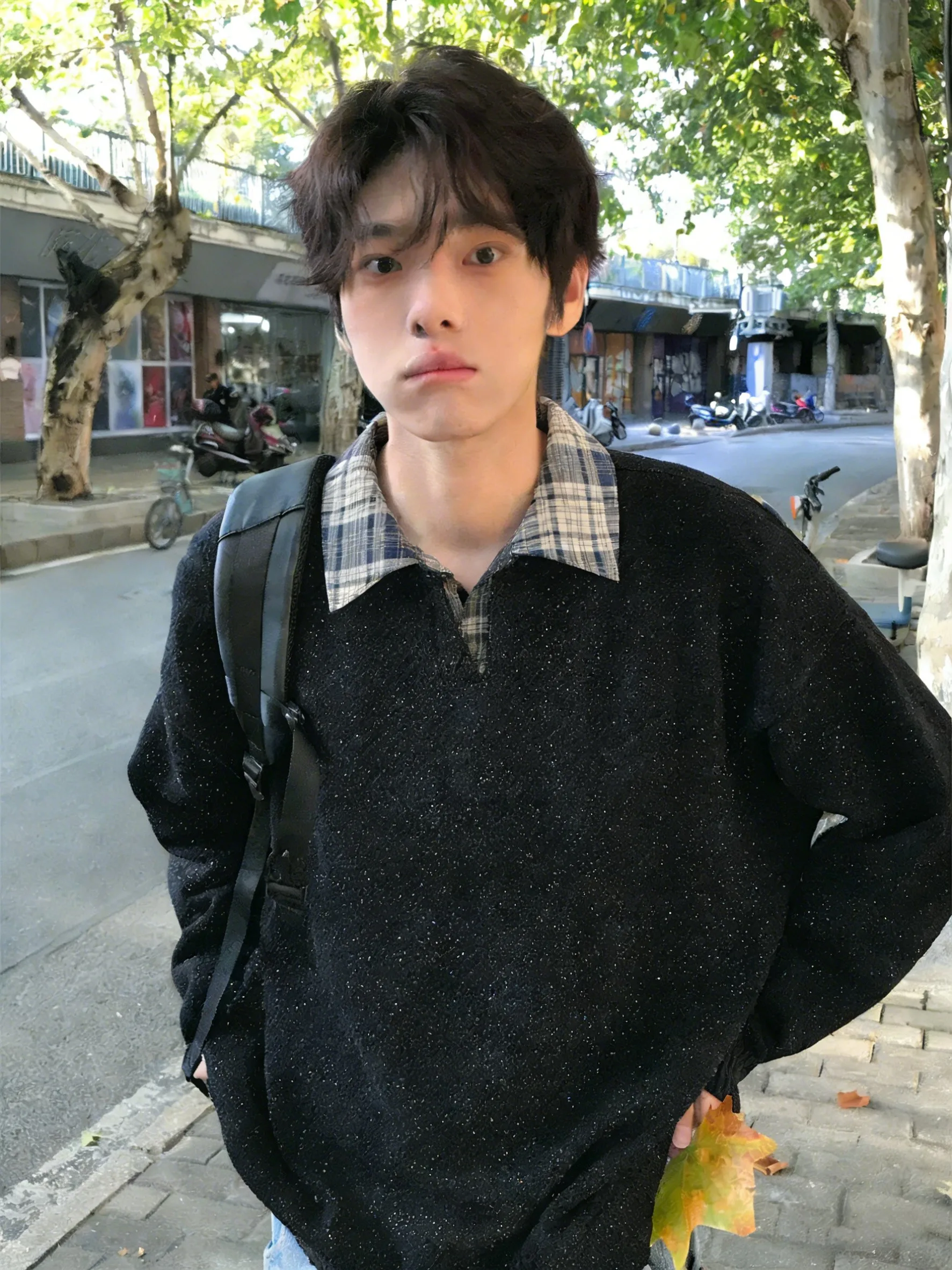 

Bla Fce Lined Long Sve irt Collar Hoodie Men's Thiened Autumn Winter Faion Inner Wear Base irt Two-Piece Sle