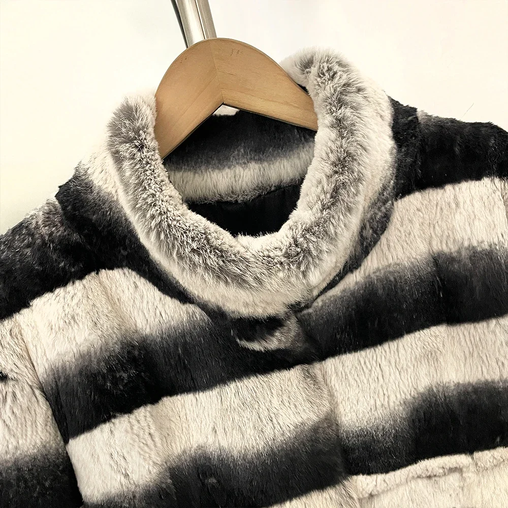OFTBUY Stand Collar Natural Rabbit Fur Winter Jacket Female New Short Clothes Women Black White Striped Real Rabbit Fur Coat