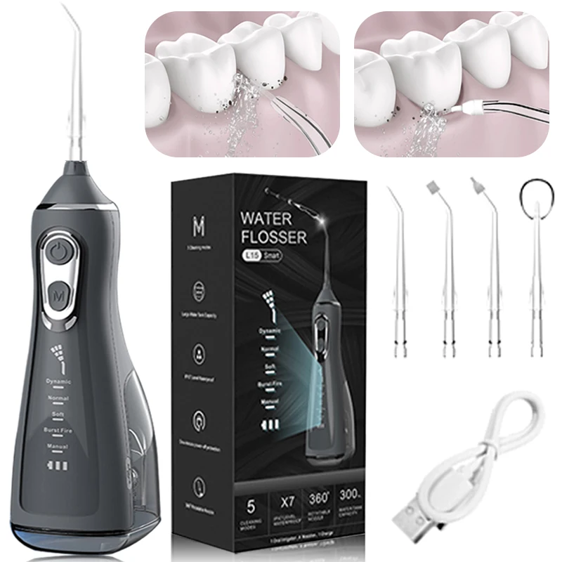 

Dental Floss Portable Cordless L15 Oral Irrigator 5 Cleaning Modes Waterproof Rechargeable Dental Cleaner 4 Nozzles Clean Gums