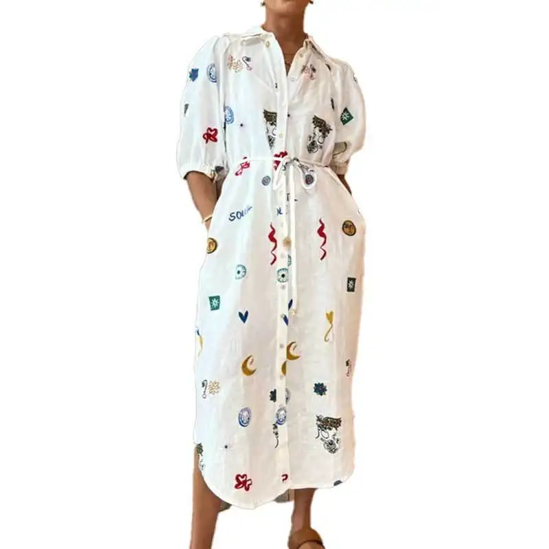 New fashion popular clothing summer women\'s new printing lapel long waist tie shirt dress women