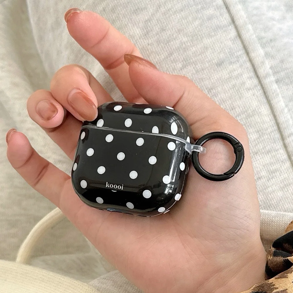 Korea Cute Black Polka Dots With Keychain Shockproof Earphone Protection Case Cover For AirPods 4 Pro 2 3 Soft Silicone Shell