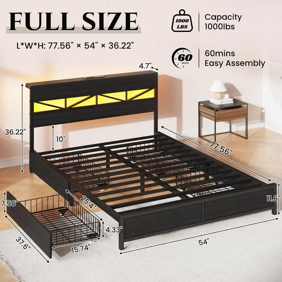 Size Bed Frame with USB Charging Station, 4 Storage Drawers Shelf