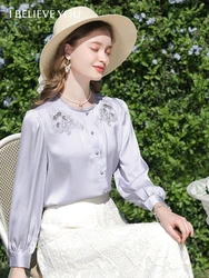 I BELIEVE YOU 2024 Spring New Shirt & Blouse For Women French Glossy Satin Embroidery Long-sleeve Elegant Lady Blouse 2241055485