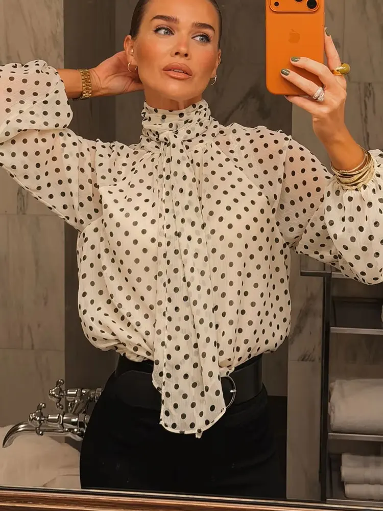 HH Women Fashion Vintage Polka Dot Print Shirts Long Sleeve Bow Lace Up Blouse Lady Elegant Streetwear 2026 Summer Thin Tops