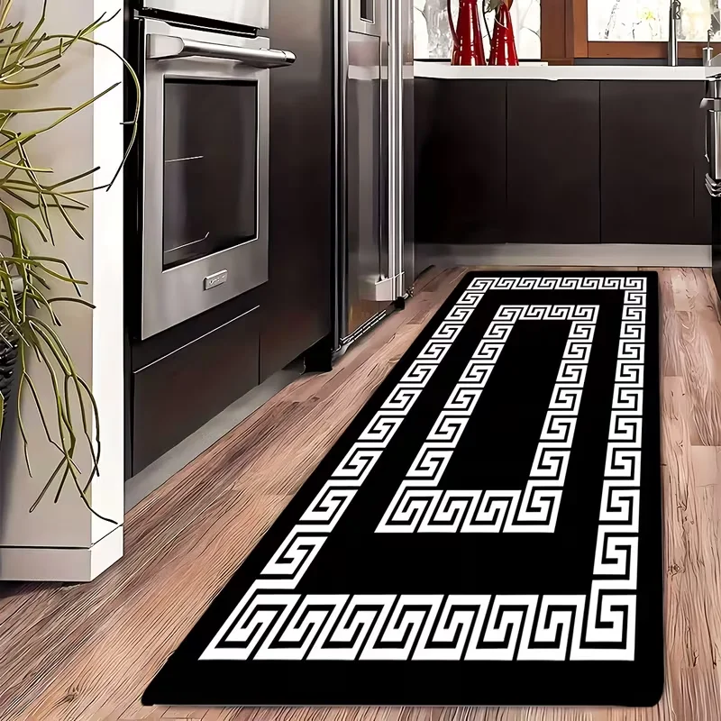 Commercial Kitchen Mats Anti Fatigue - Zwart-wit Grieks sleutelmotief border runner kleed