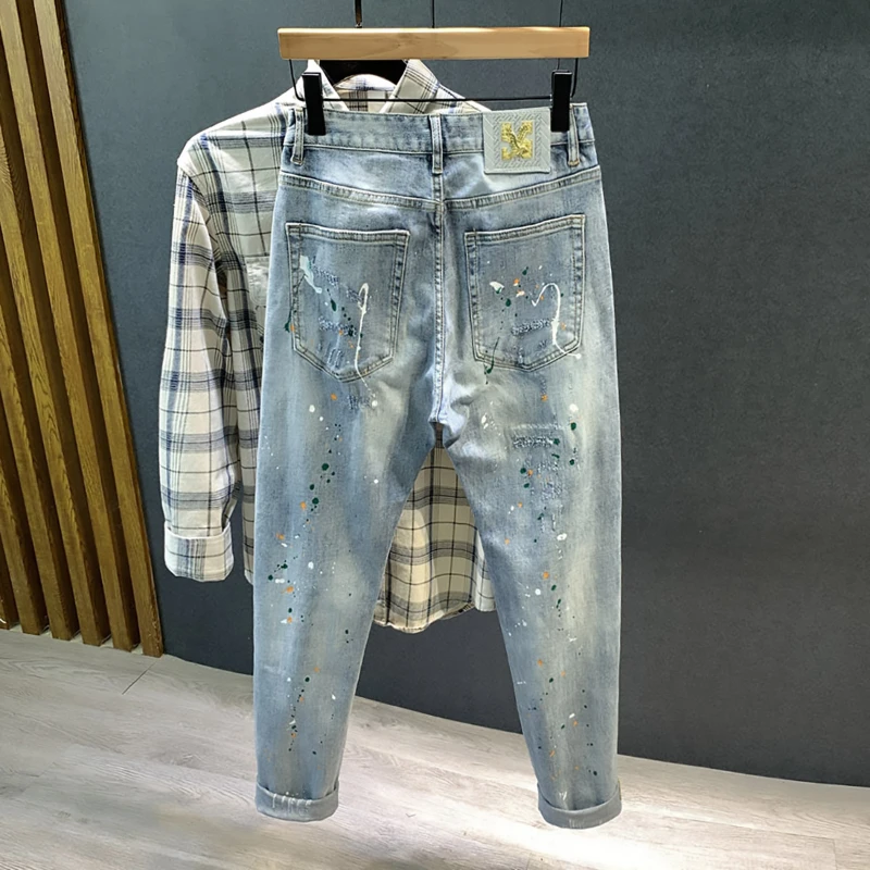 Pantalones vaqueros con pintura en aerosol para hombre, Jeans elásticos ajustados a la moda, estilo Hip-hop, para motocicleta