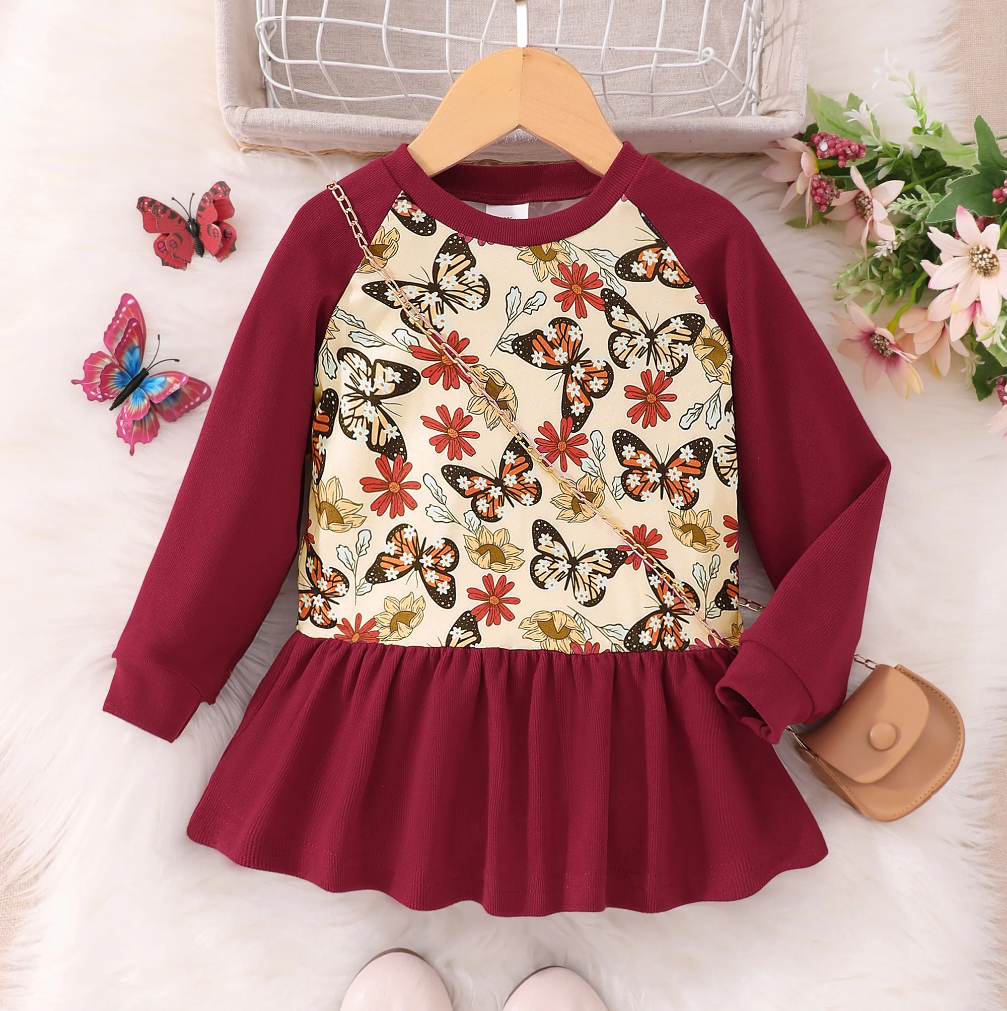 2023 Children\'s Clothing Girls Autumn Top Fashion Casual Long Sleeve Round Neck Panel Dinosaur Butterfly Print Sweater