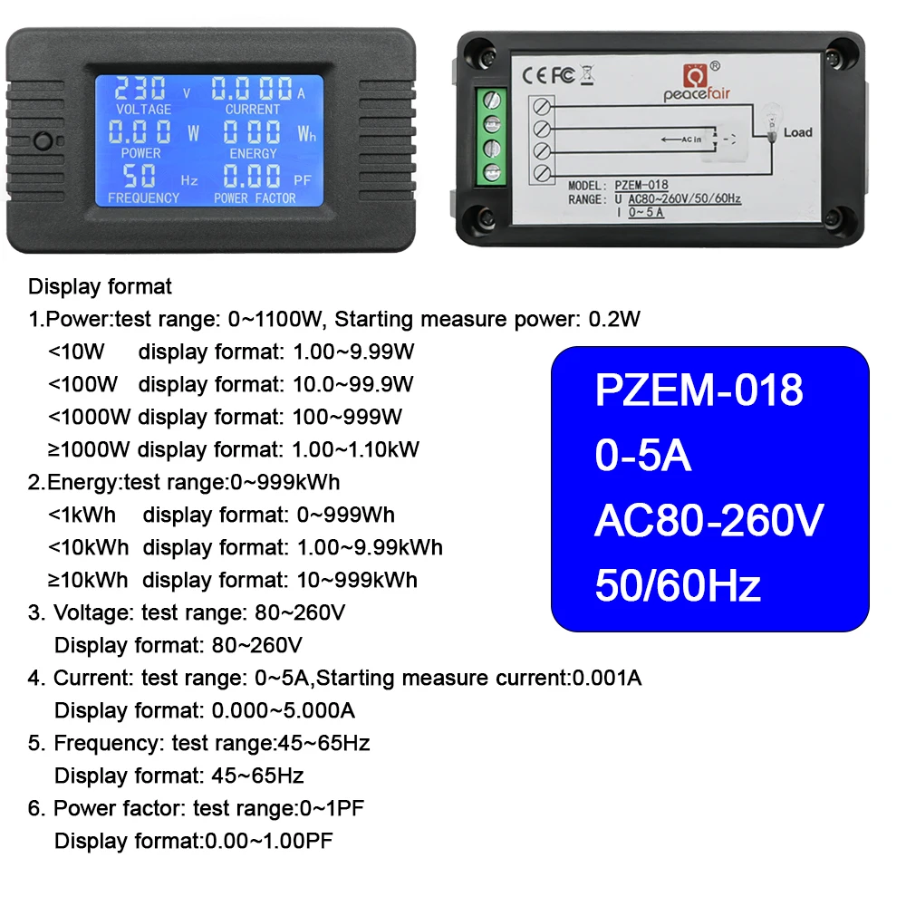 PZEM 5A 10A 100A Battery Capacity Tester AC80-260V 6in1 Voltage Current Power Capacity Meter Resistance Frequency Meter