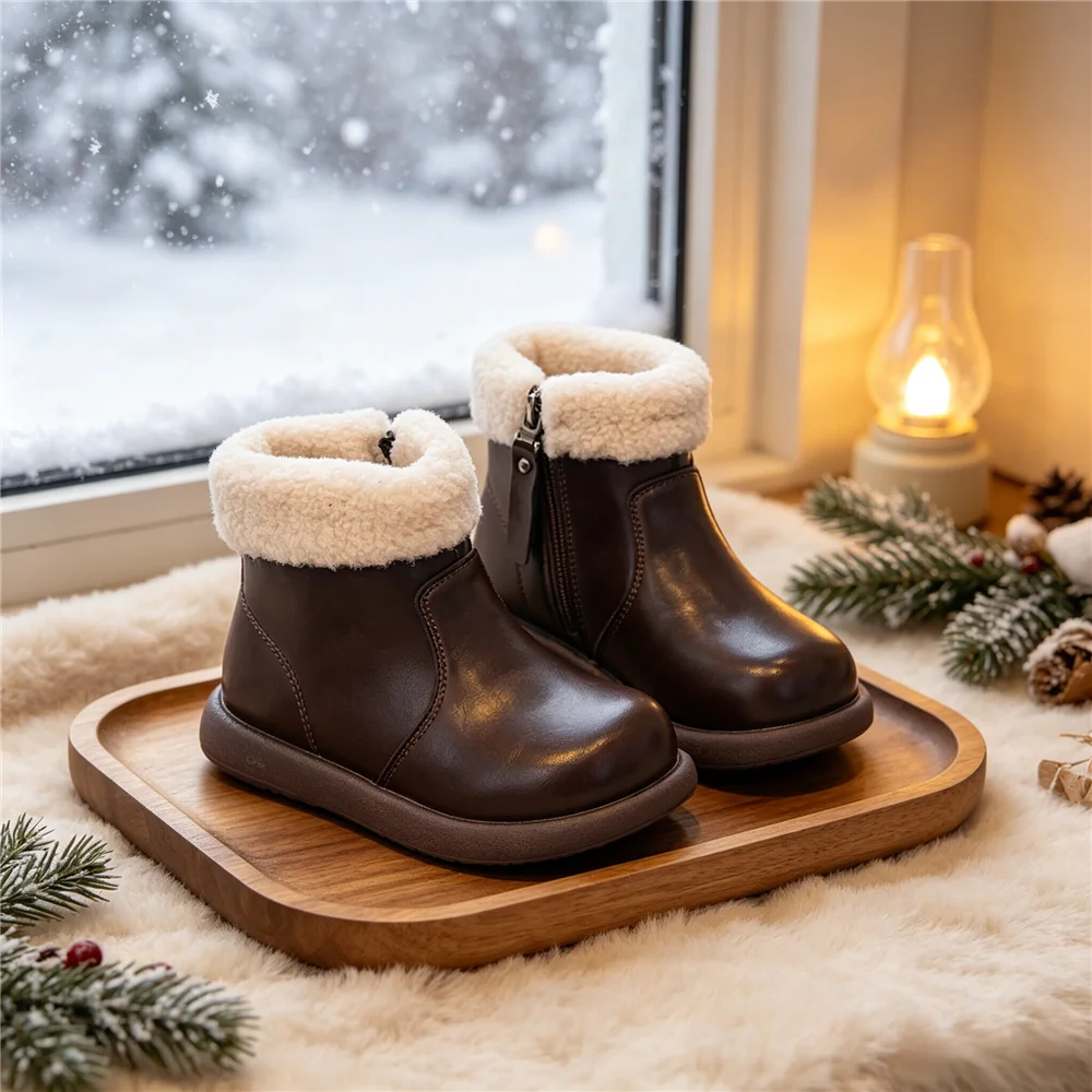 Little Girls Fleece Lined Ankle Boots, Side Zipper Warm Winter Shoes, Non Slip Thick Sole Snow Boots for Daily Outdoor