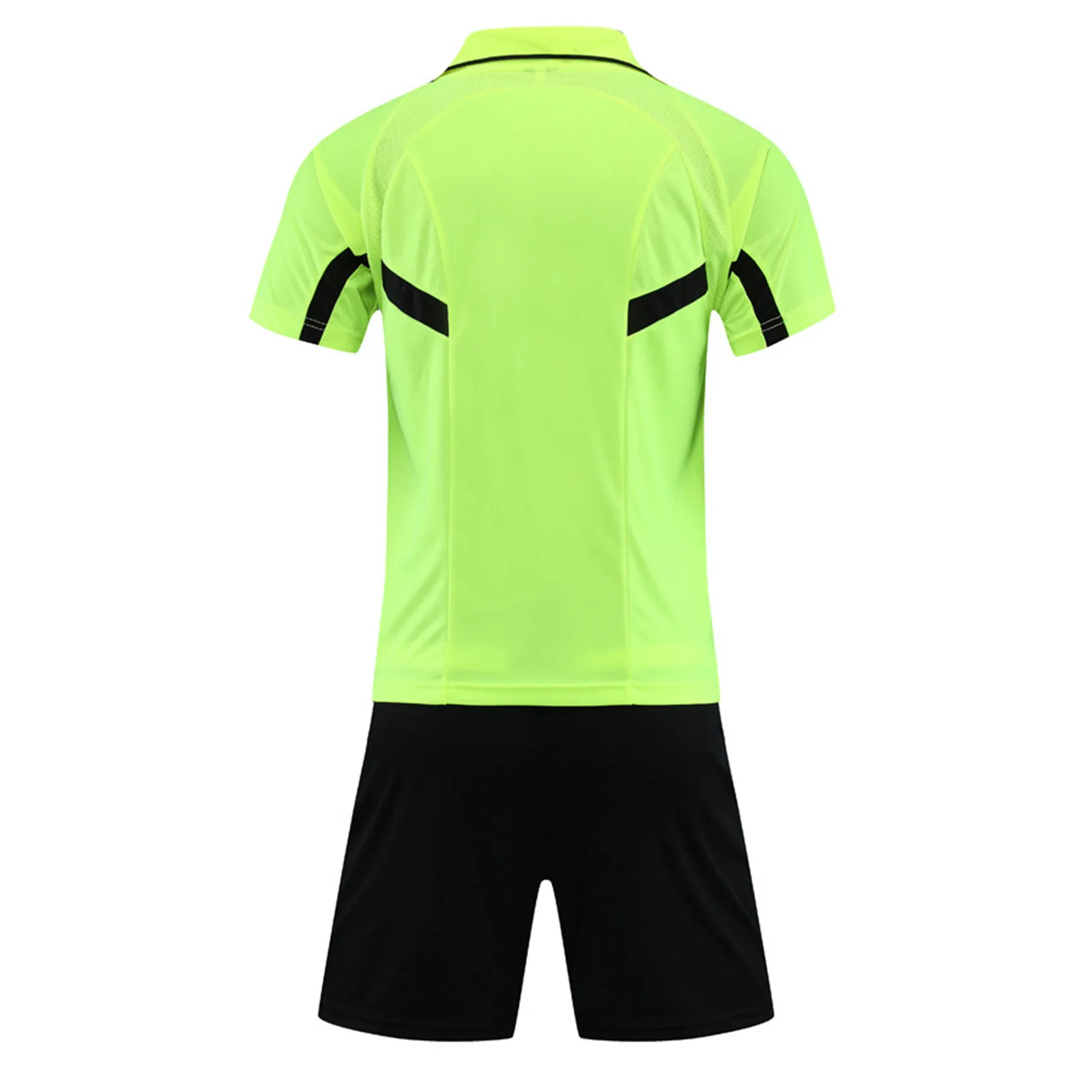 Mens Soccer Jersey Referee Outfit Football Match Uniform Tracksuit Turn-Down Collar Short Sleeve Pockets T-shirt with Shorts