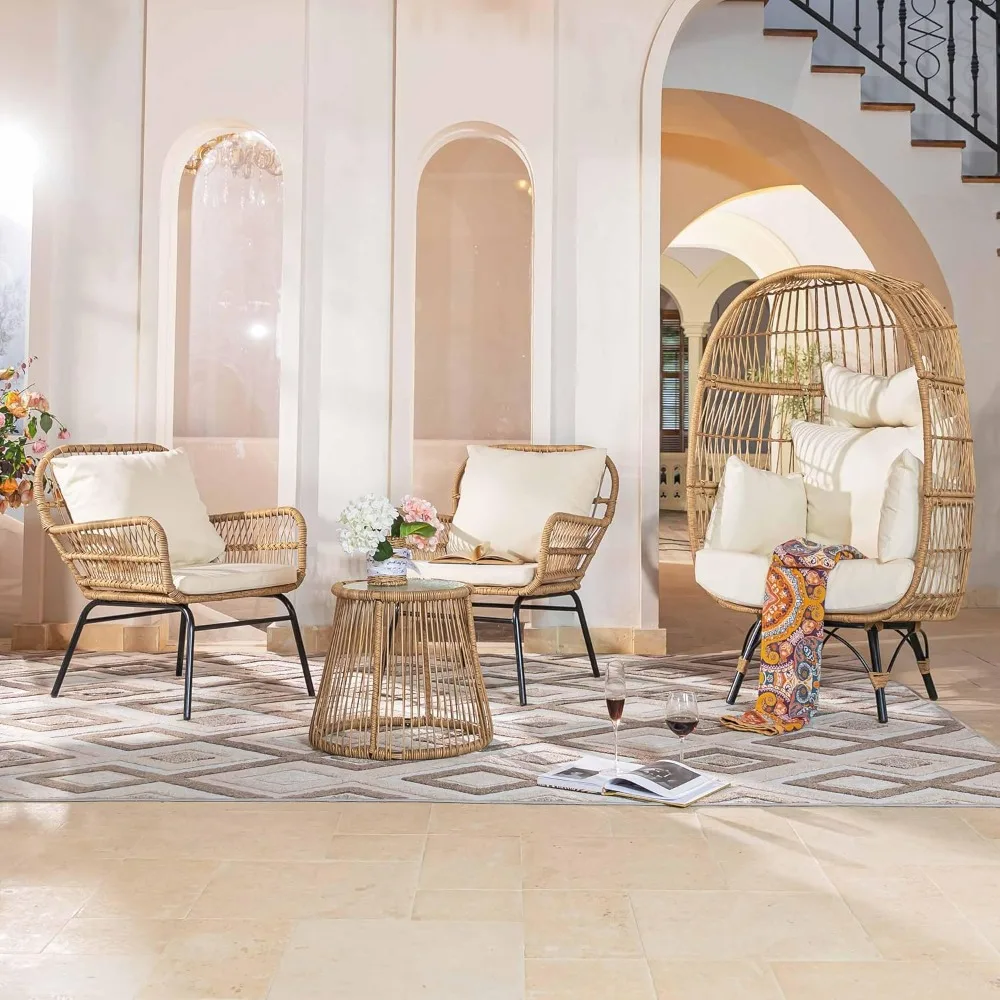 ® 4 Pcs Boho Outdoor Bistro Set With Egg Chair, 500lbs Heavy Duty Seating With Round Table, All Weather Wicker Patio Fur