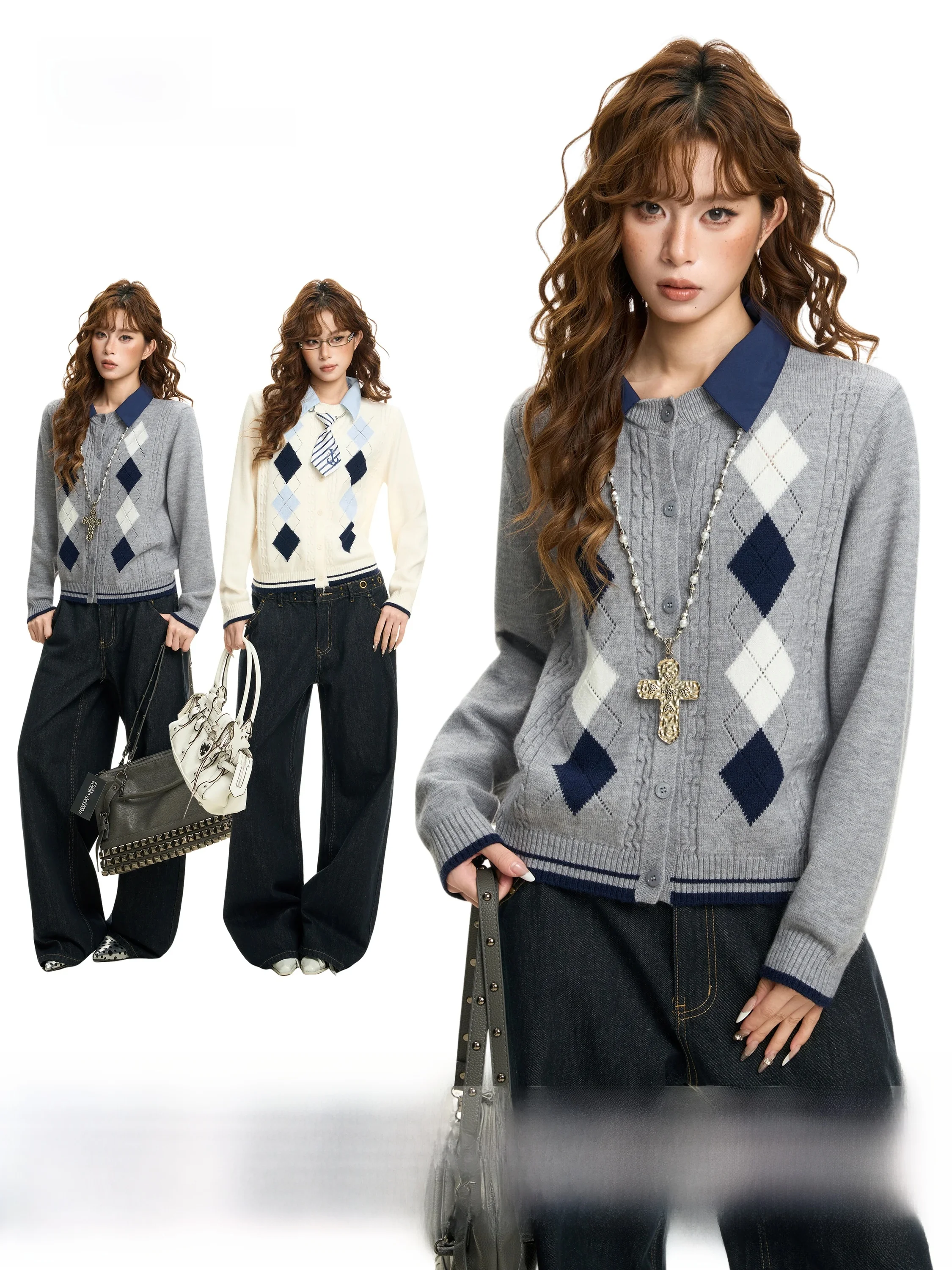 Gray  Neck Long Sleeve Knitted Jacket Women's Short Style Autumn Winter Slim Fit Sweater Cardigan Top Commute Style Regul...