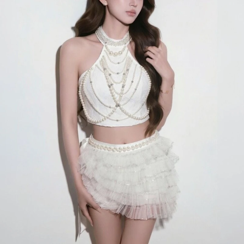 Sexy Clubwear White Pearl Feather Trim Halter Neck Tiered Cake Skirt 2 Piece Set Women Girls Gogo Dance Stage Performance Outfit