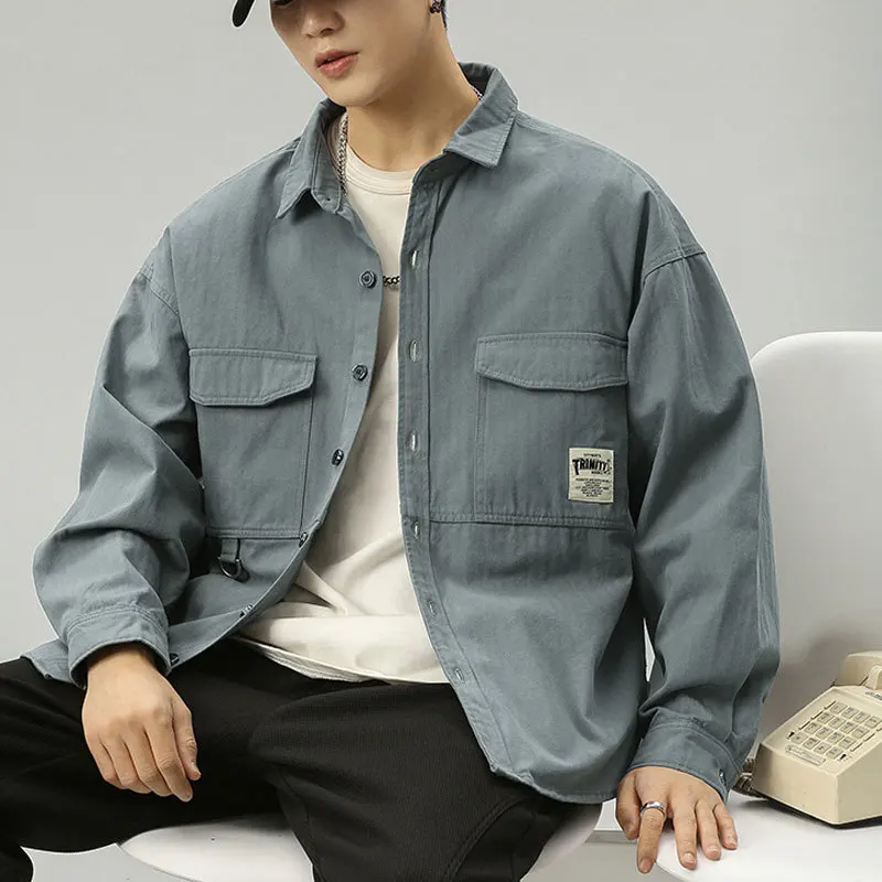 Nuovo arrivo 2025 camicia da lavoro retrò americana da uomo manica lunga casual in cotone vestibilità rilassata giacca da camicia cargo con tasca sul petto