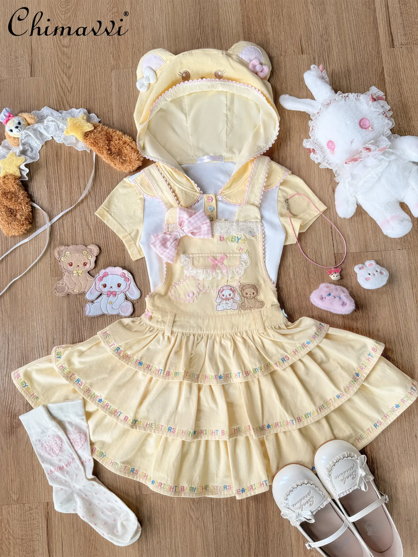 

Японское милое платье-сарафан с кроликом и медведем, летнее, новинка 2026 года, в стиле Y2K, с широким подолом, из стираного хлопка, для девочек, в мультяшном стиле