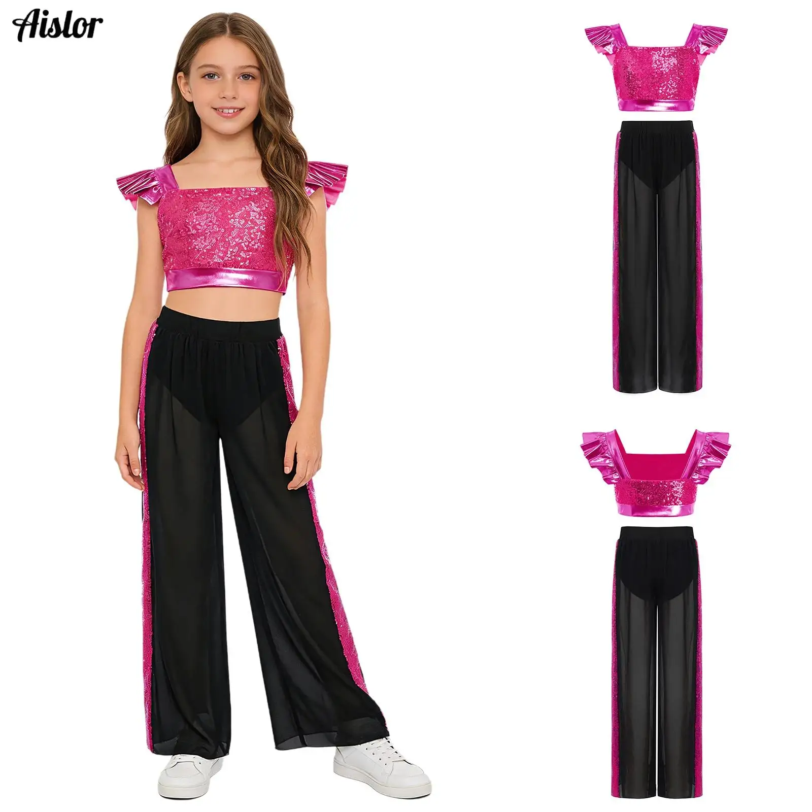 Kids Girls Lyrical Ballet Dance Performance Costume Figure Skating Crop Top with Sequins Sheer Chiffon Wide-Leg Pants Dance Suit