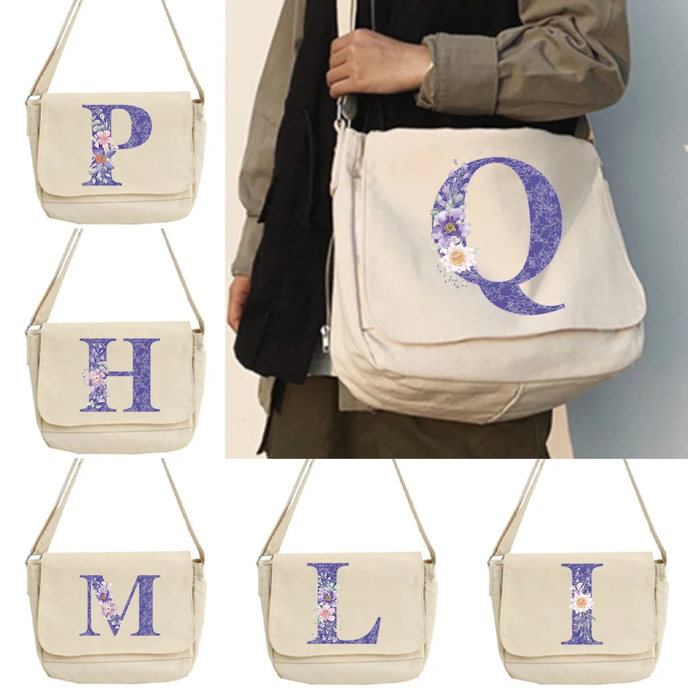 Canvas Diagonal Messenger Bag Youth Fashion Casual Version Ladies Large Capacity Shoulder Bag New Purple Flower Women Cross Bags