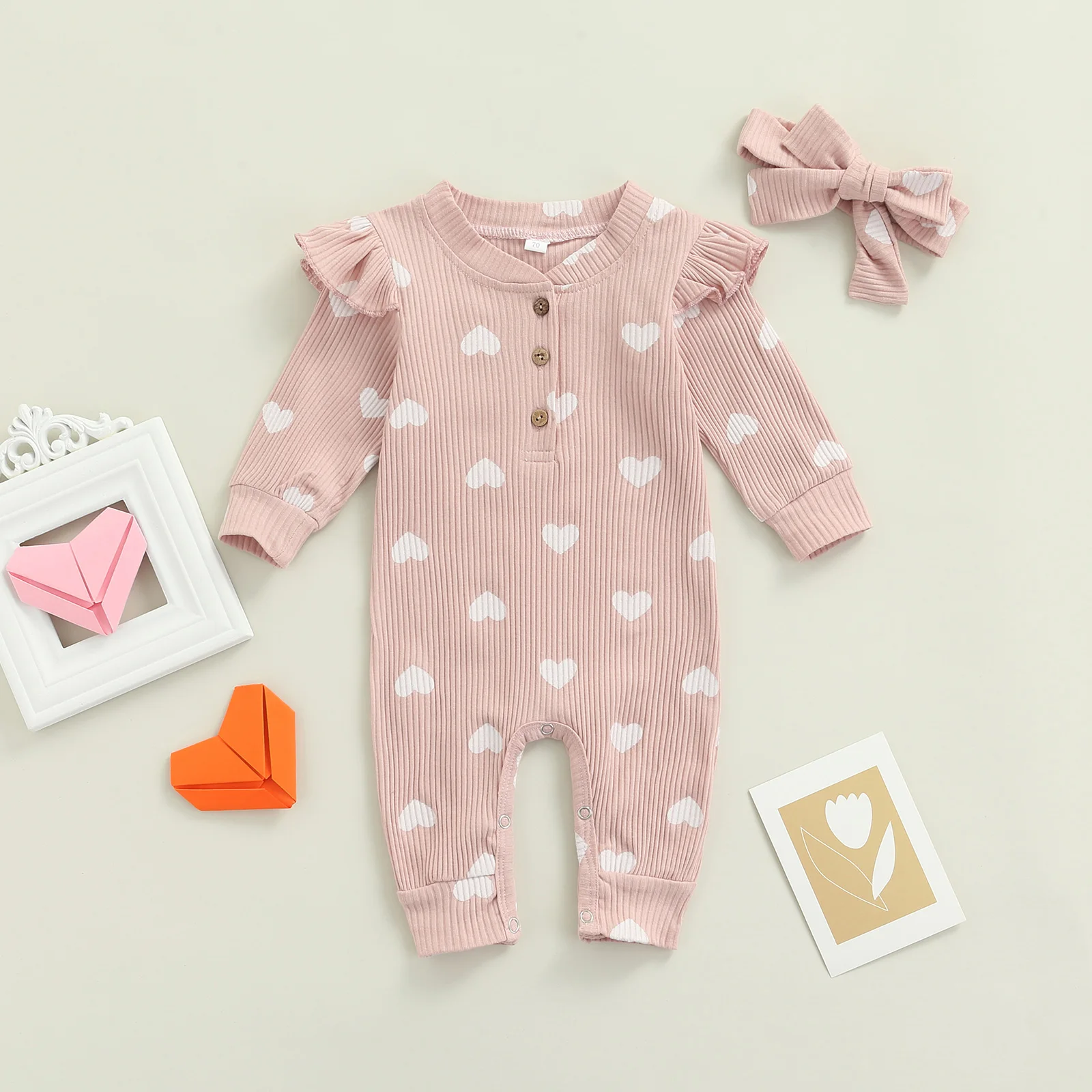 Newborn Infant Baby Girls Clothes Spring Autumn Costumes Knitted Long Sleeve Heart Print Romper Jumpsuit Headband Outfit