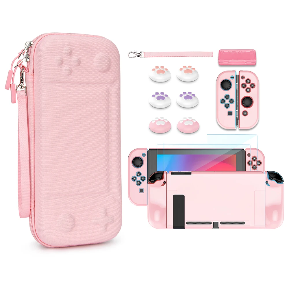 Switch Pink Carrying Case For NS Switch Portable Travel Handbag Game Accessories with Cover, Screeen Protector, Thumb Grip Cap