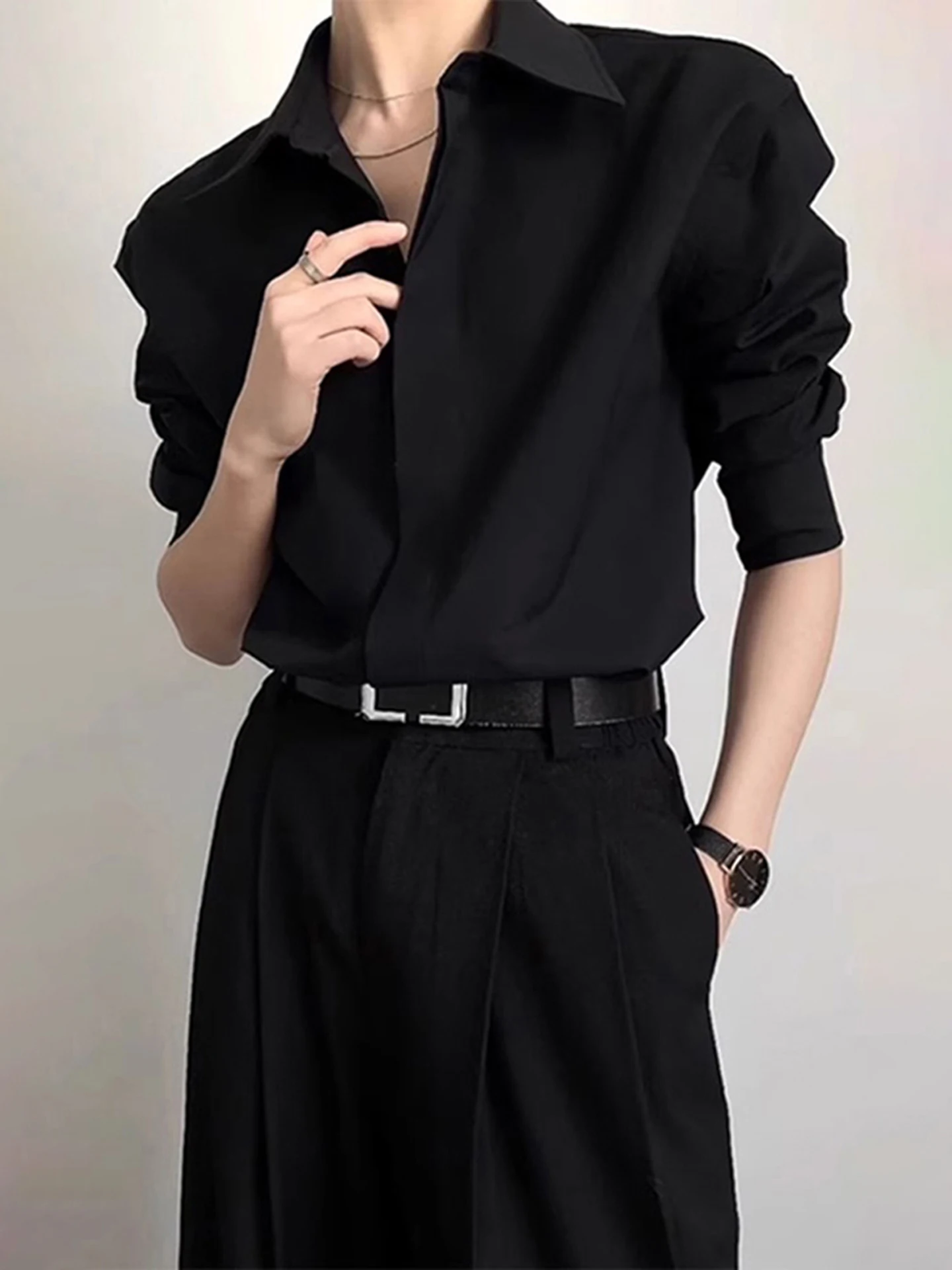 

Naples Black Godfather Long Sleeve Men's Shirt 2026 Inner Wear Suit Jacket Casual Loose Fit Polyester Fiber British Style
